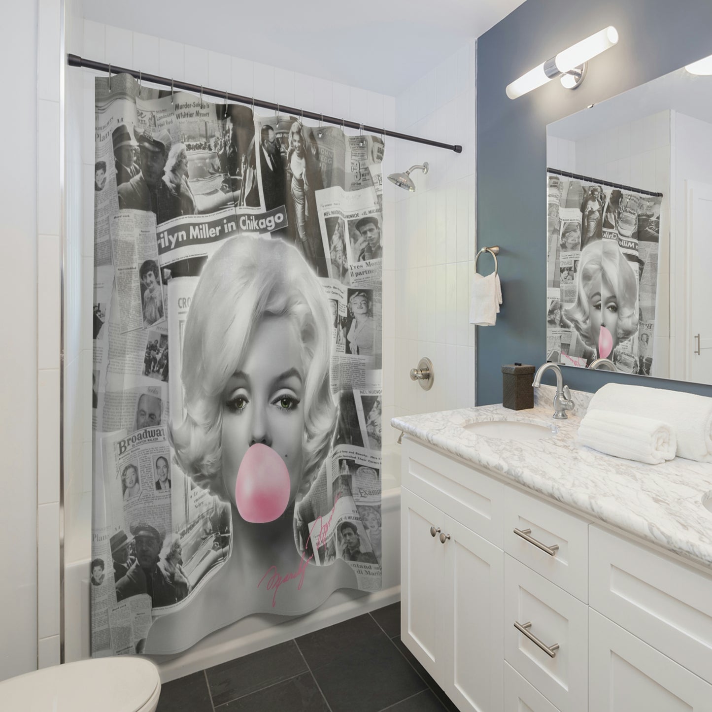 Marilyn Monroe Shower Curtain - Black and White Vintage News Print - Marilyn Monroe Bubblegum Bath Curtain