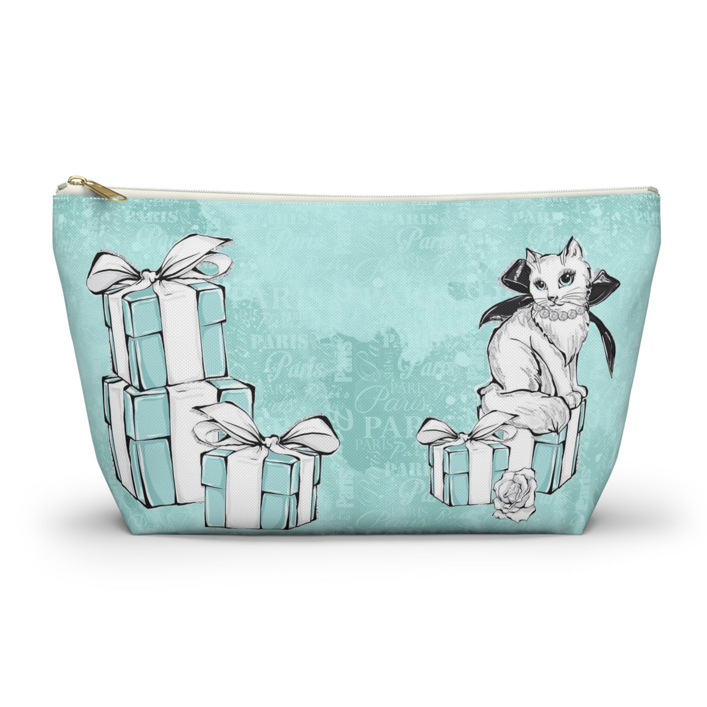 Personalized Kitty Cat Cosmetic Pouch w T-bottom, Accessory Pouch, Cat Lovers Little Blue Gift Box - Paris Blue