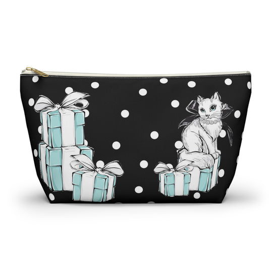 Personalized Kitty Cat Cosmetic Pouch w T-bottom, Accessory Pouch, Cats Polka Dot Breakfast at Tiffany - Black