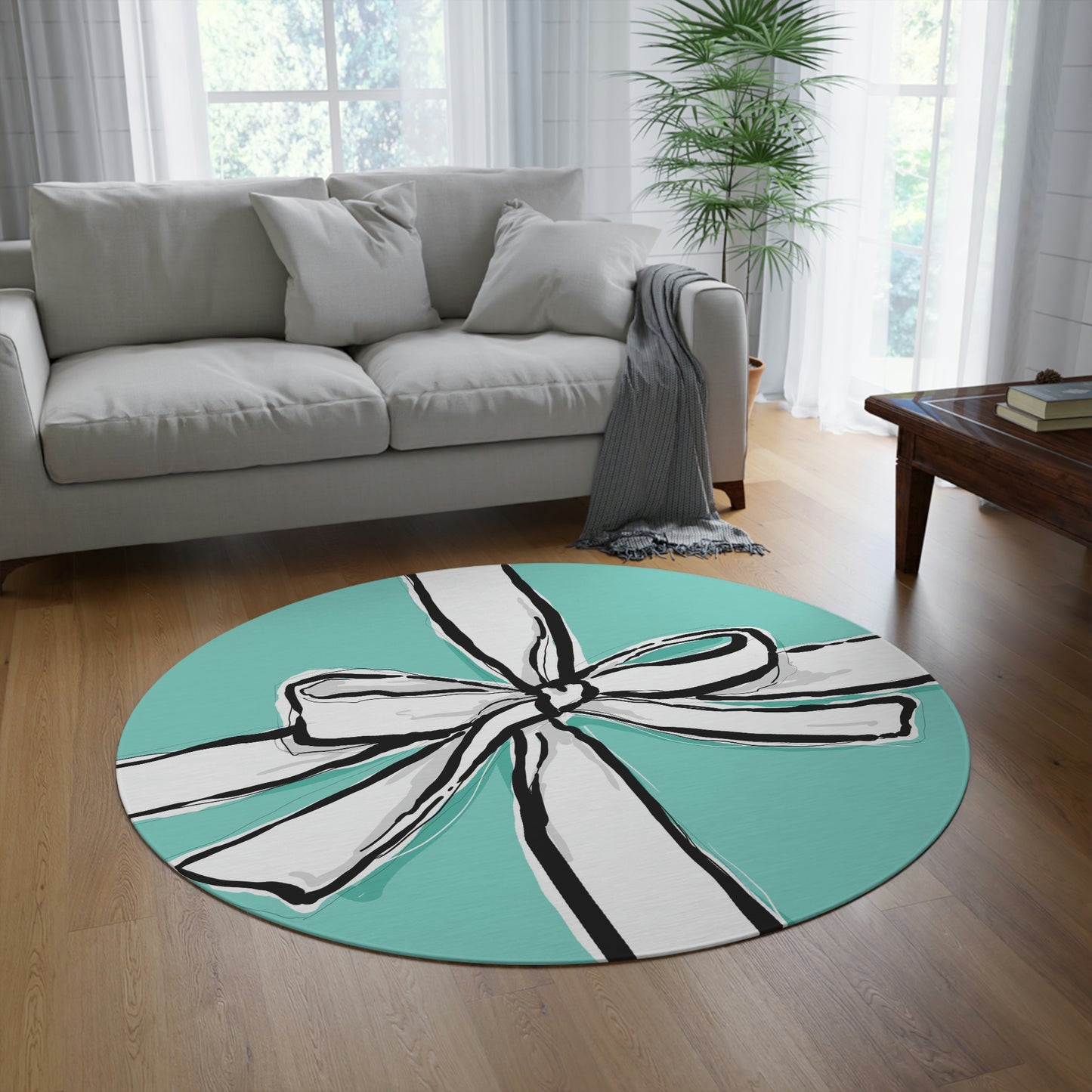 Hand Drawn Little Blue Box Chenille Round Rug - 60 Inch Floor Mat - Custom and Personalized Rug - Breakfast at Tiffany Inspired