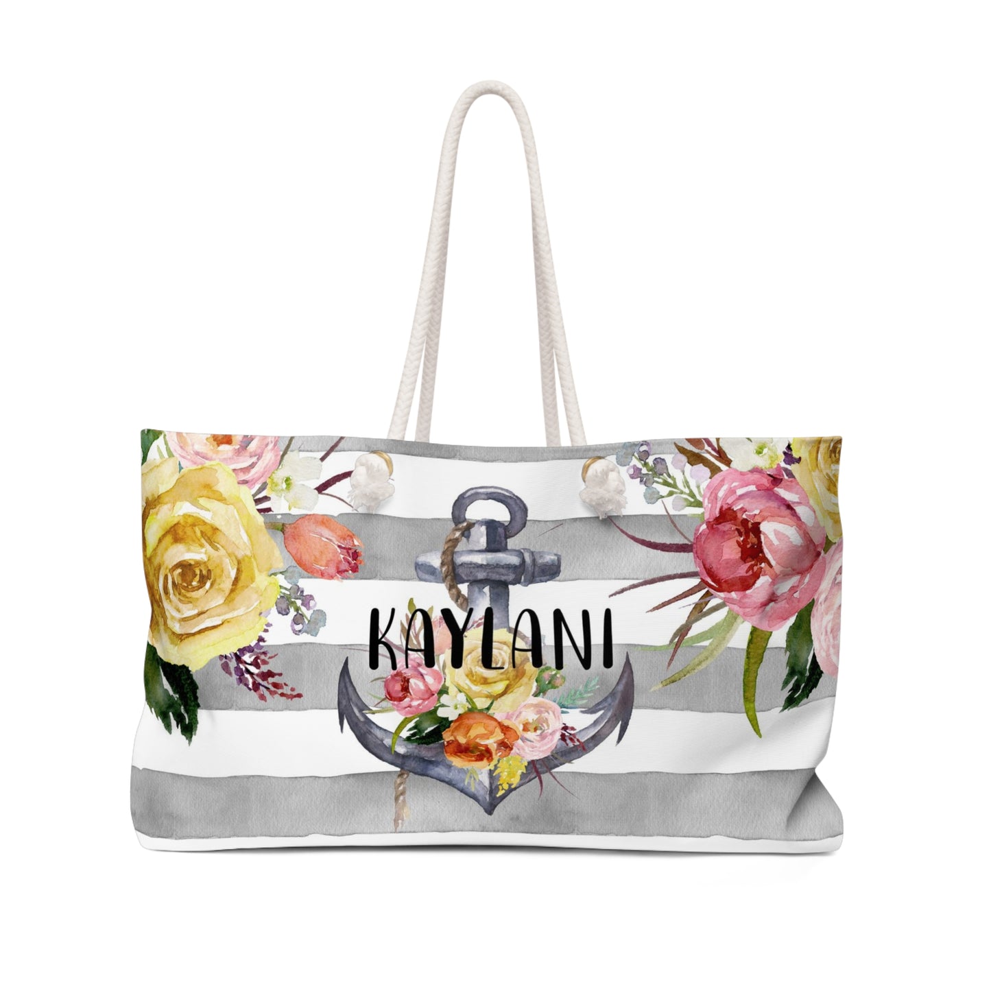 Personalized Anchor Beach Bag - Weekender Bag, Rope Tote - Yellow Rose Anchor Stripe Tote Bag