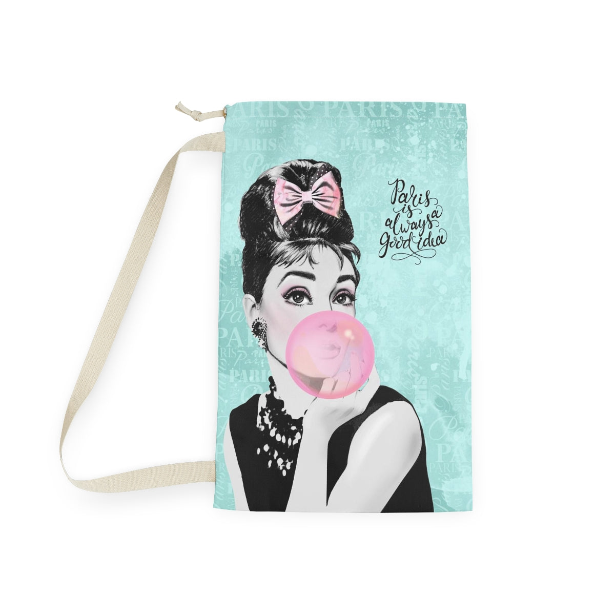 Audrey Hepburn Pink Bubblegum Sack, Laundry Sack, Santa Sack, Dust Bag, Gift Sack - Paris Blue