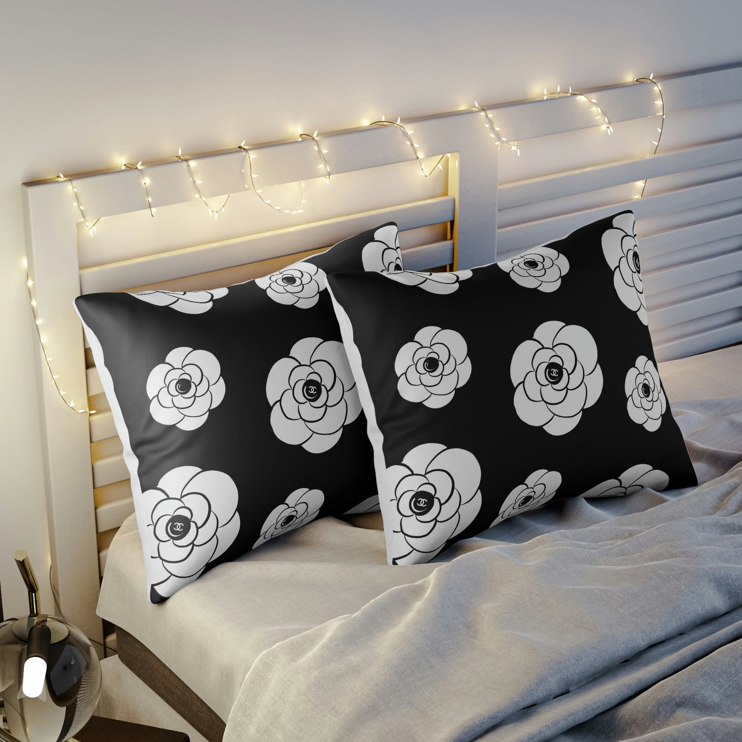 White Camillia Flower Pillow Sham - Custom Designer Logo Pillow Sham - Hand Drawn Flower Black Noir Bed Pillow Covers