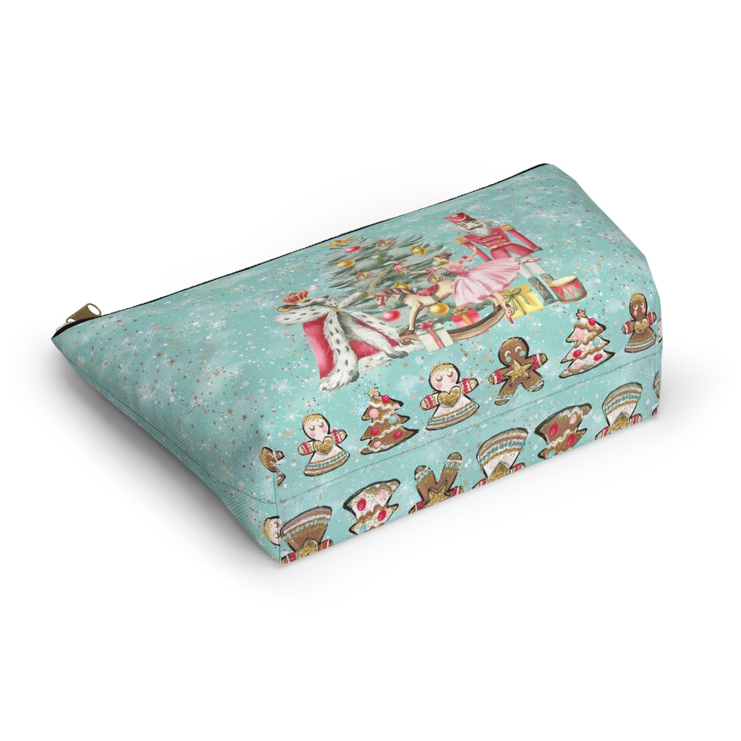 Nutcracker Gingerbread Cosmetic Pouch w T-bottom, Accessory Pouch - Blue Green Snowflake Nutcracker Ballet Makeup Bag