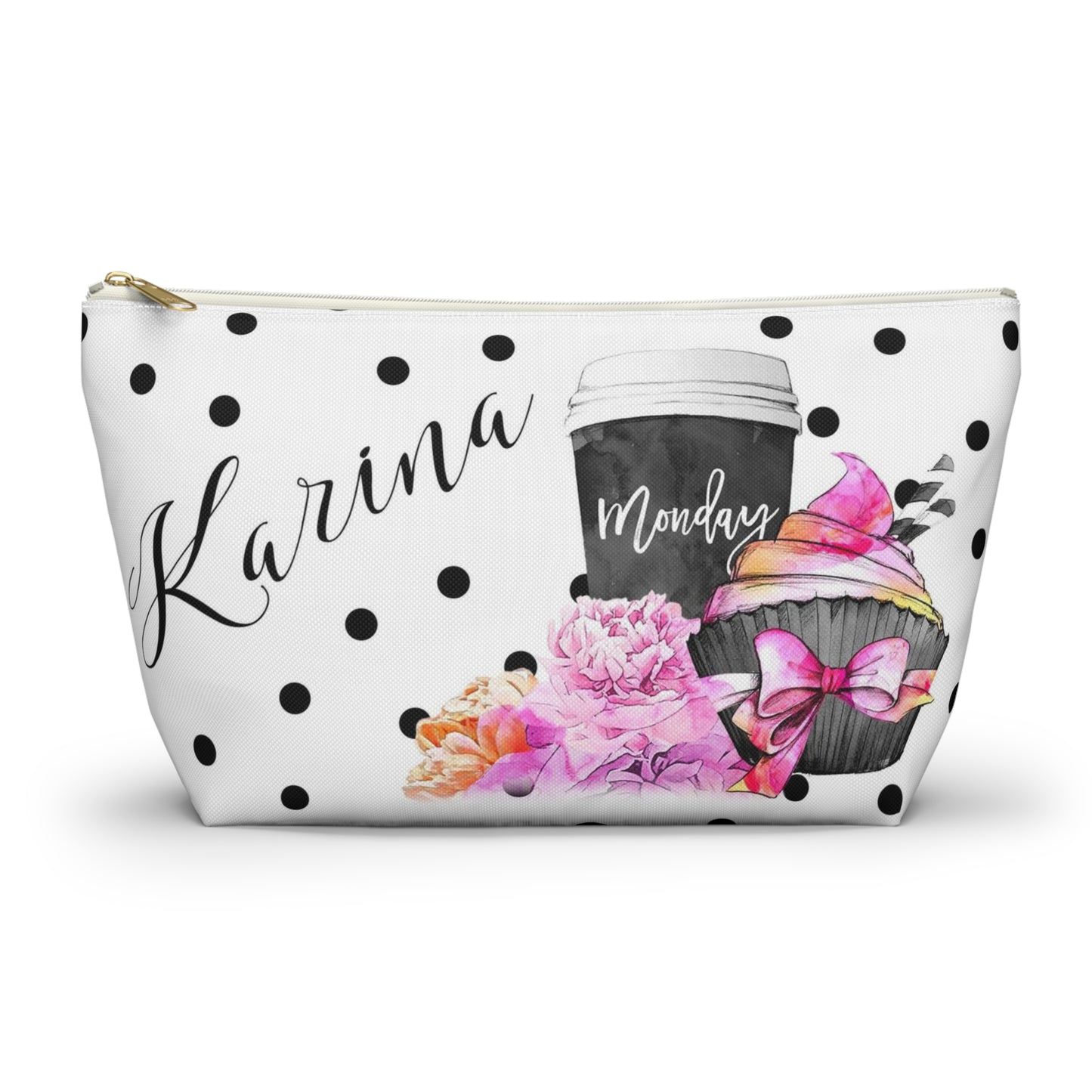 Personalized Coffee Monday Cosmetic Pouch w T-bottom, Accessory Pouch, Pink Cupcake Polka Dot