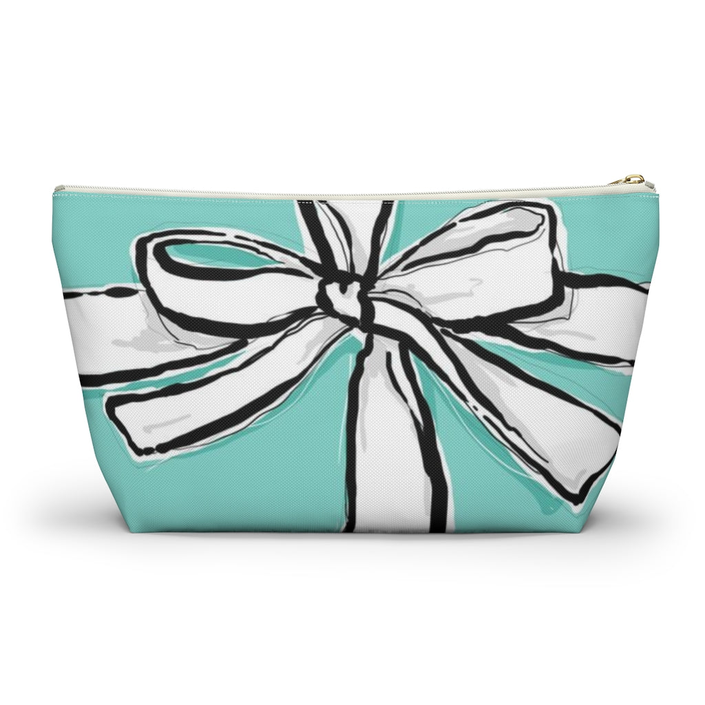 Blue Green Bow Cosmetic Pouch w T-bottom, Accessory Pouch, Breakfast at Tiffany