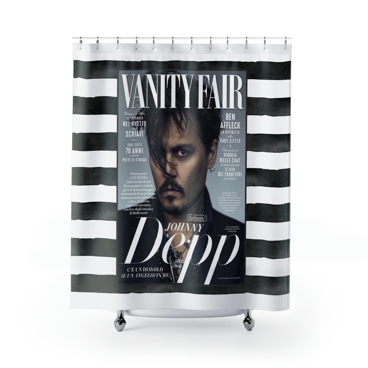 Johnny Depp VANITY FAIR Shower Curtain - Fashion Magazine Shower Curtain - Black & White Stripe Celebrity Bathroom Curtain