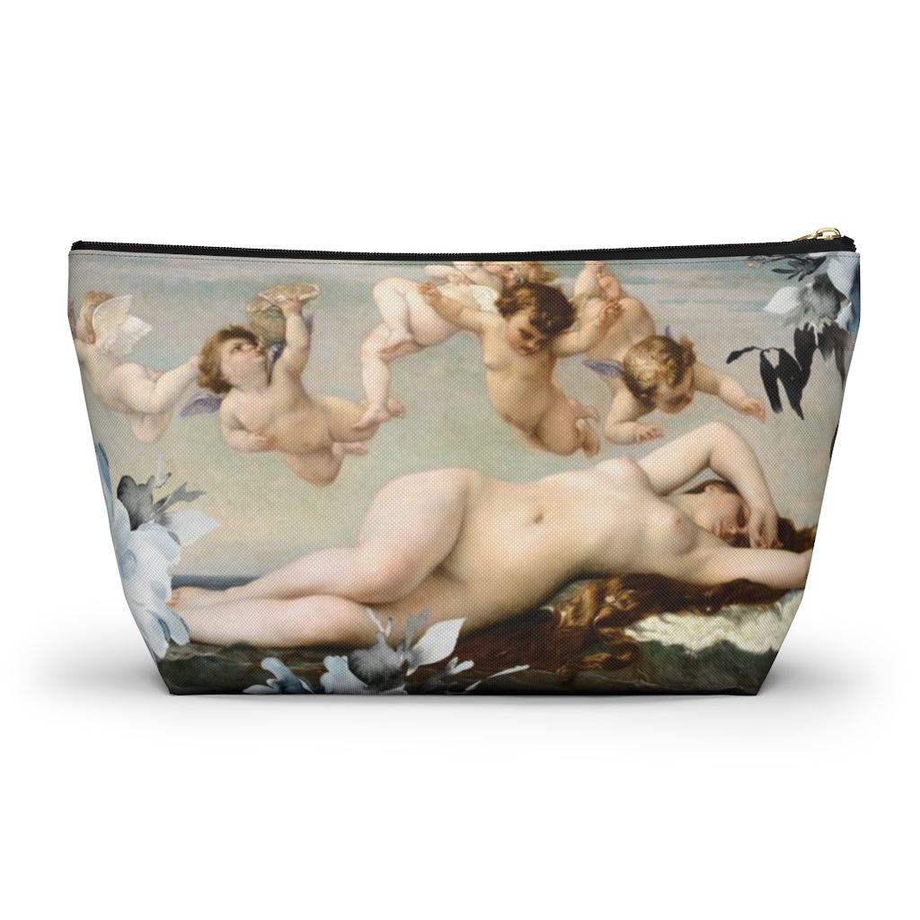 Venus Floral Cosmetic Pouch w T-bottom, Accessory Pouch, Blue