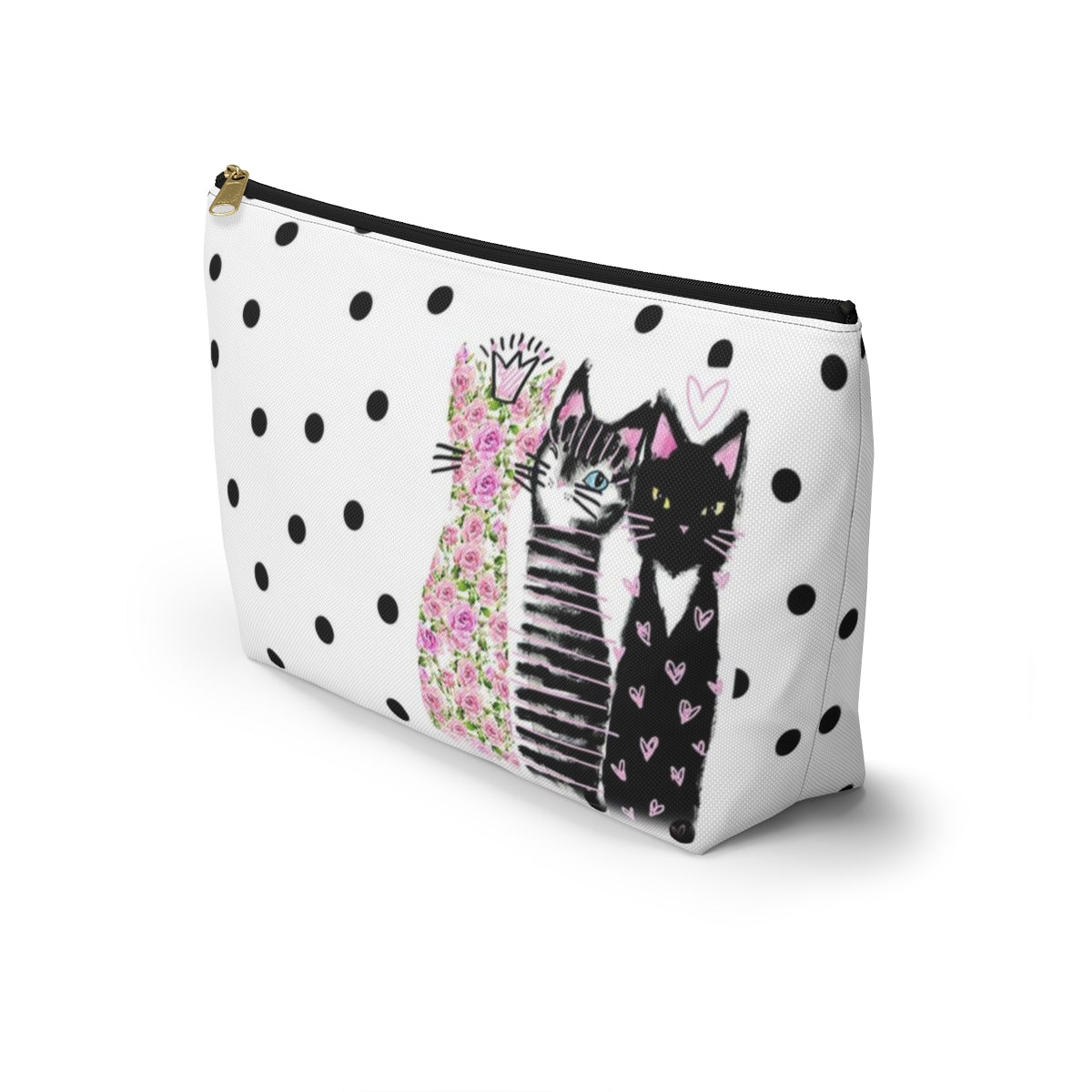 Personalized Kitty Cat Lover Cosmetic Pouch w T-bottom, Accessory Pouch, Cats Polka Dot