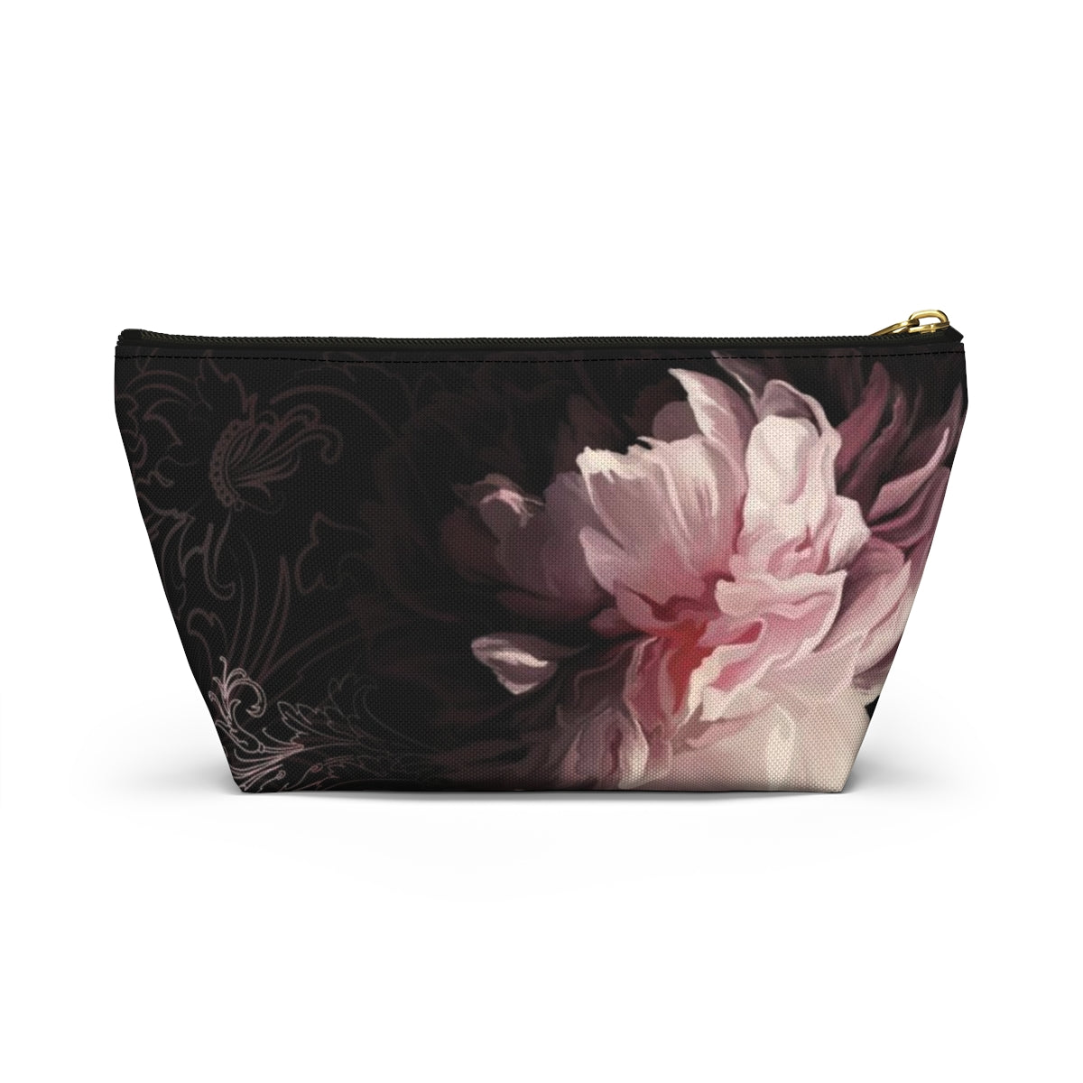 Peony Cosmetic Pouch w T-bottom, Accessory Pouch, Pink Scroll