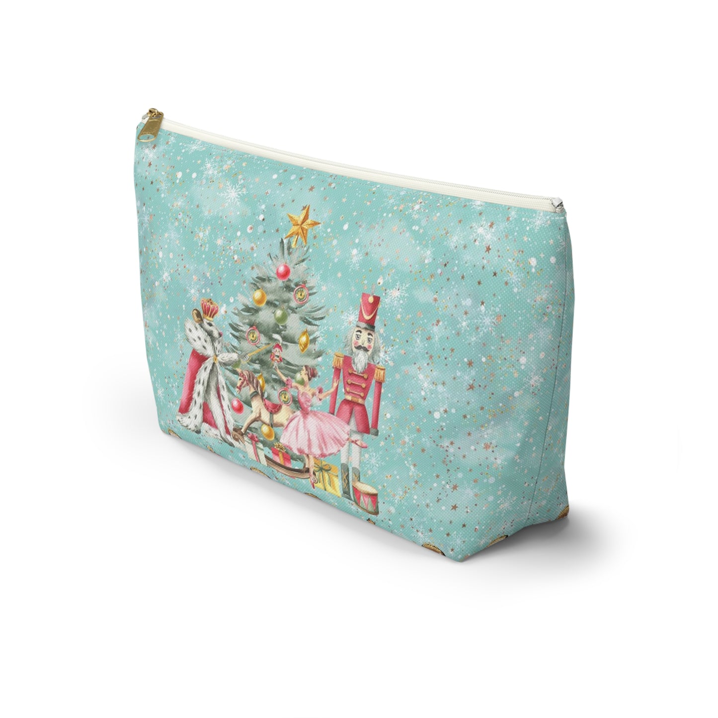 Nutcracker Gingerbread Cosmetic Pouch w T-bottom, Accessory Pouch - Blue Green Snowflake Nutcracker Ballet Makeup Bag