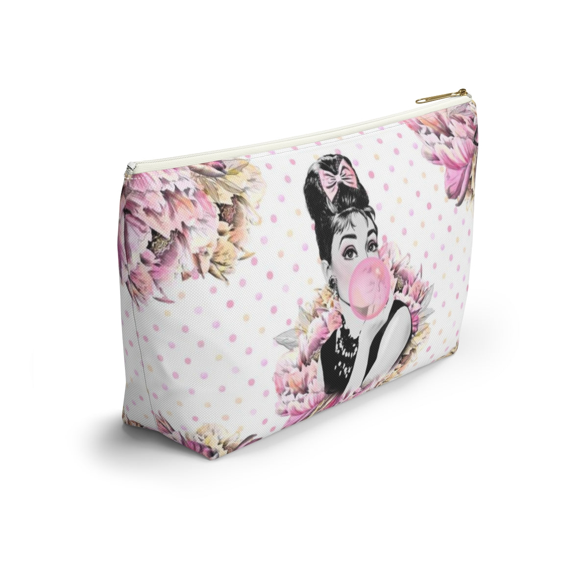 Audrey Hepburn Bubblegum Cosmetic Pouch w T-bottom, Accessory Pouch, Pink Polka Dot