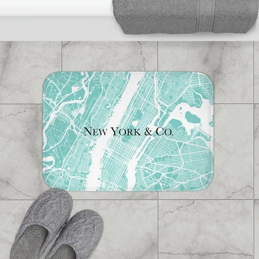 New York City Map Bath Mat - Robin Egg Blue New York Floor Mat - Breakfast at Tiffany Inspired Personalized Bathroom Shower Mat