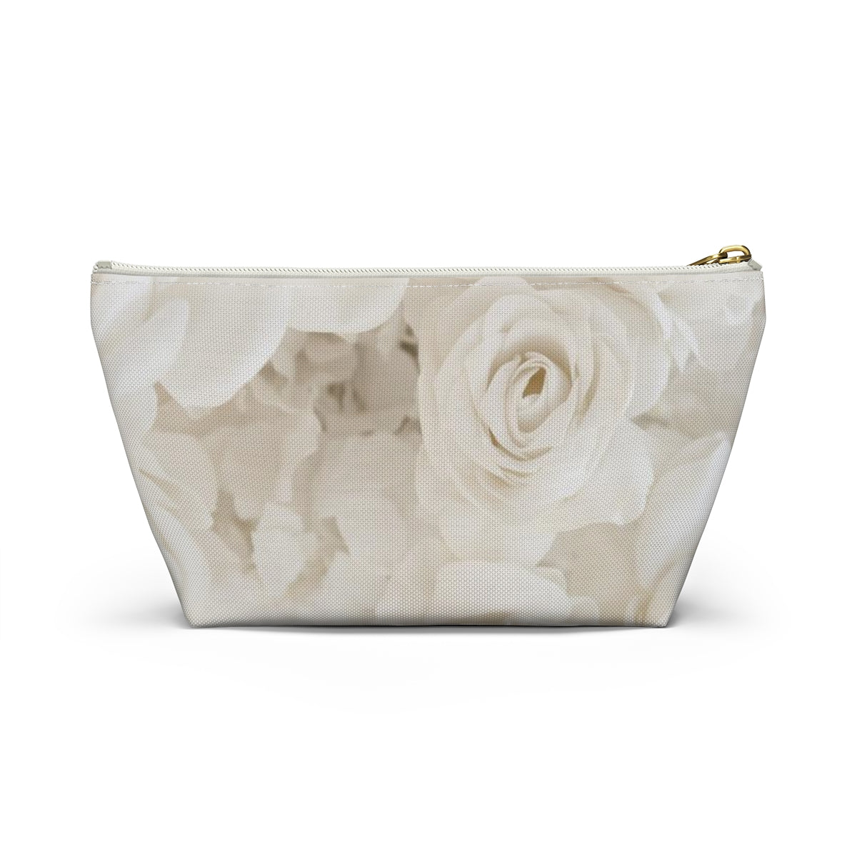 Personalized Cream Rose Cosmetic Pouch w T-bottom, Accessory Pouch - Off White Rose Leopard Print