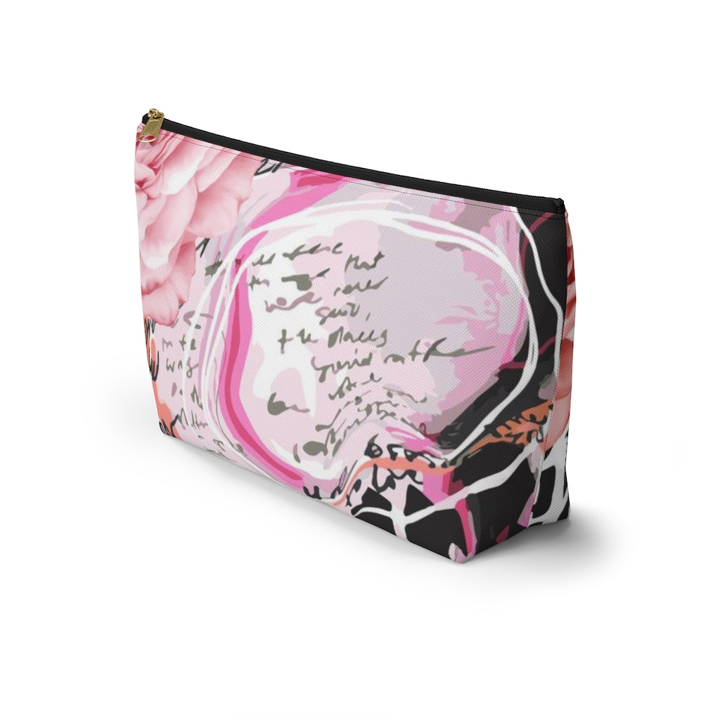 Abstract Rose Cosmetic Pouch w T-bottom, Accessory Pouch, Pink and Orange