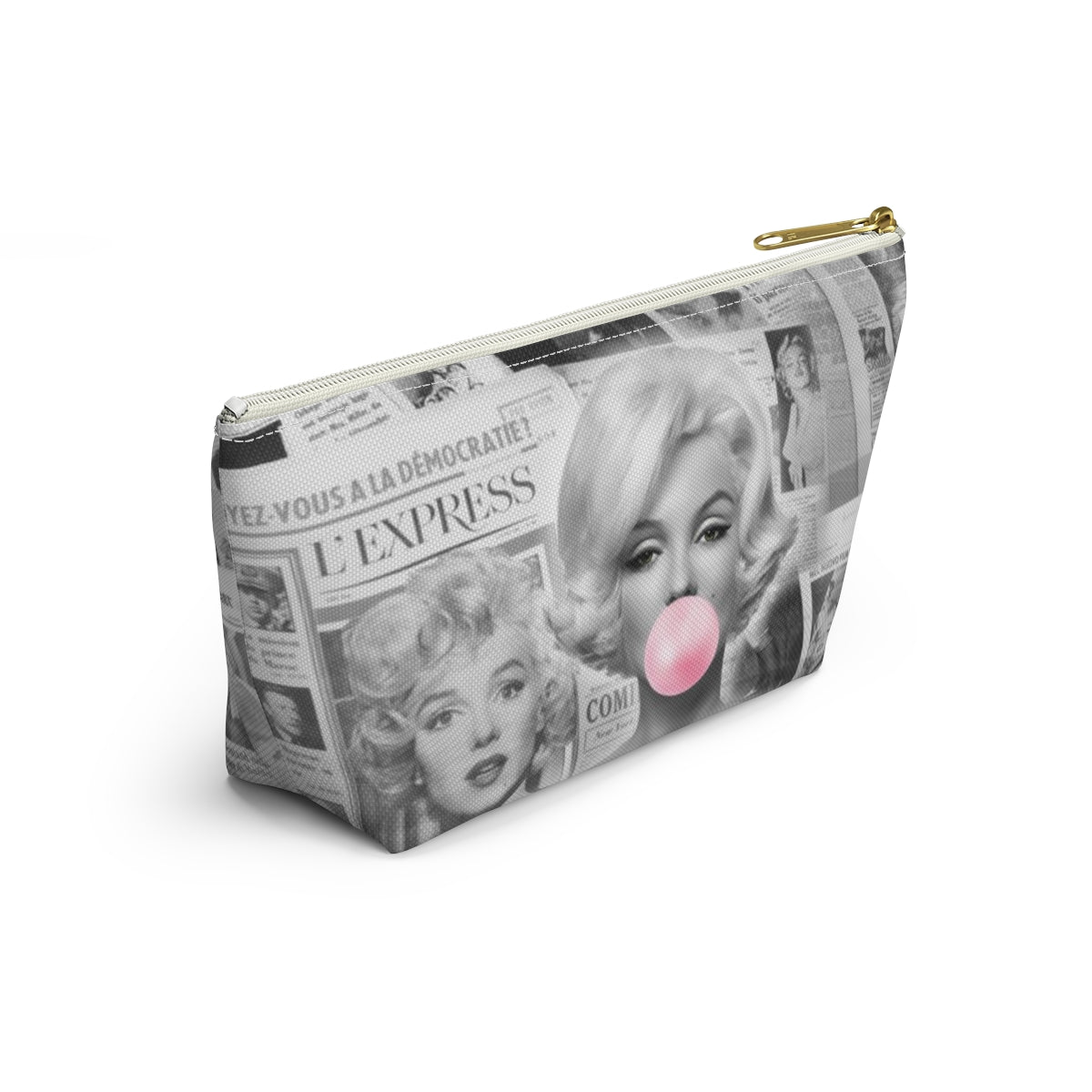 Marilyn Monroe Cosmetic Pouch w T-bottom, Accessory Pouch - Marilyn Bubblegum Pink International News Makeup Bag