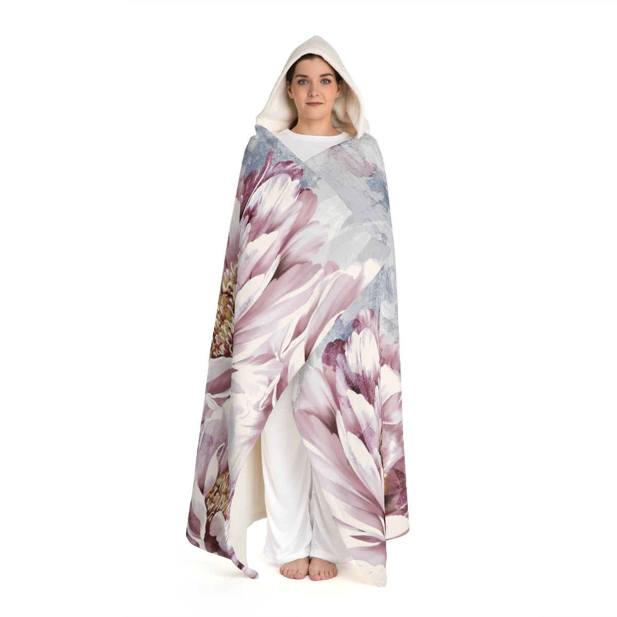 Pink Peony Blanket with Hood, Sherpa Fleece with Hood, Hooded Shrug, Hooded Blanket - Pink and Grey Floral