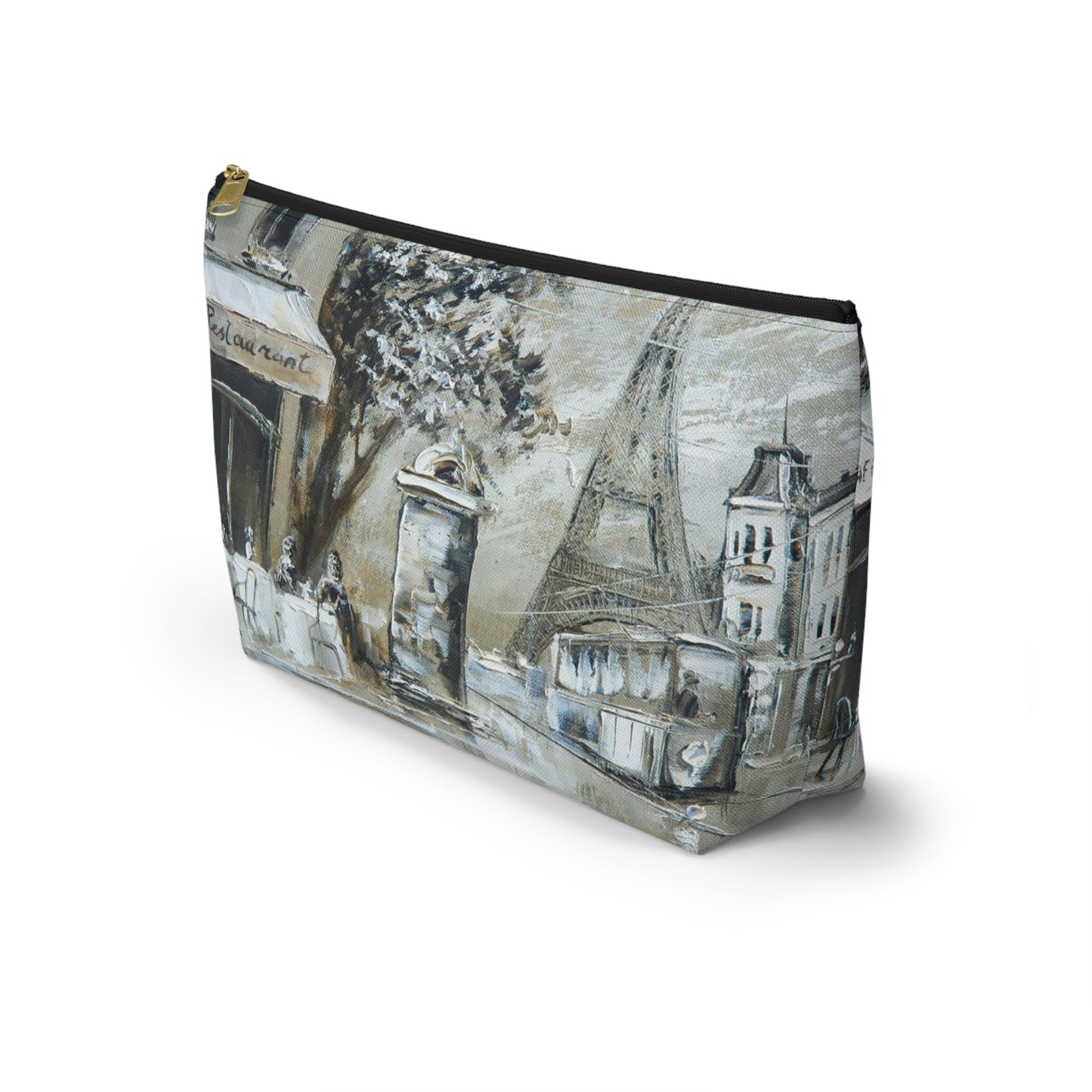 Eiffel Tower Cosmetic Pouch w T-bottom, Accessory Pouch - Cafe in Paris