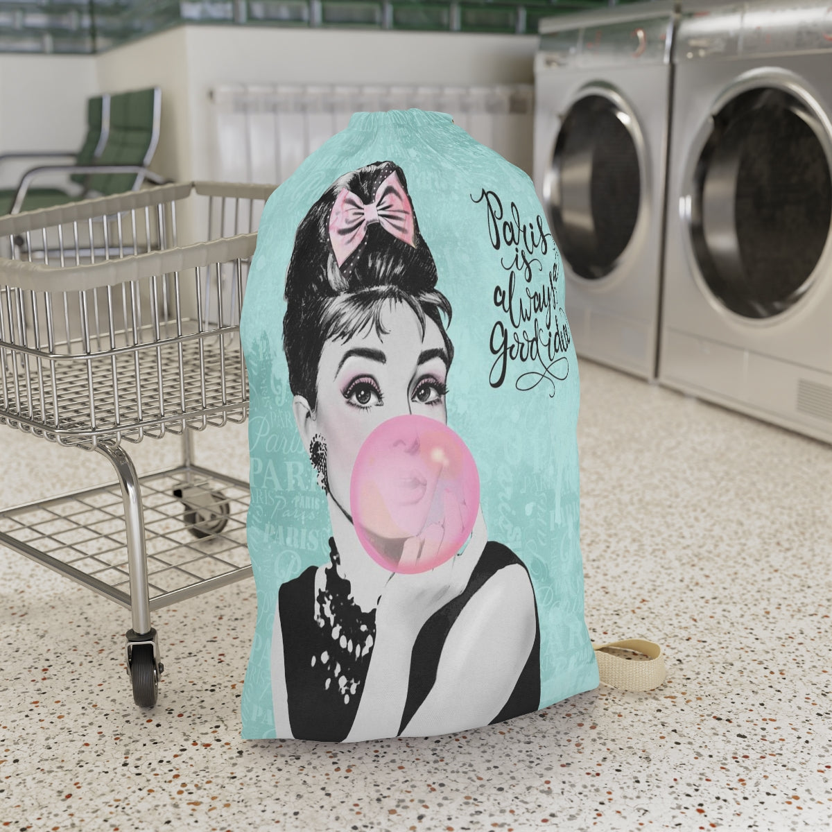 Audrey Hepburn Pink Bubblegum Sack, Laundry Sack, Santa Sack, Dust Bag, Gift Sack - Paris Blue