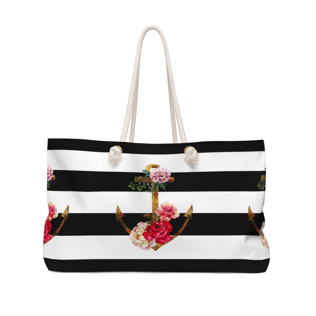 Nautical Tote Bag - Weekender Bag, Rope Tote, Flower Anchor Stripe