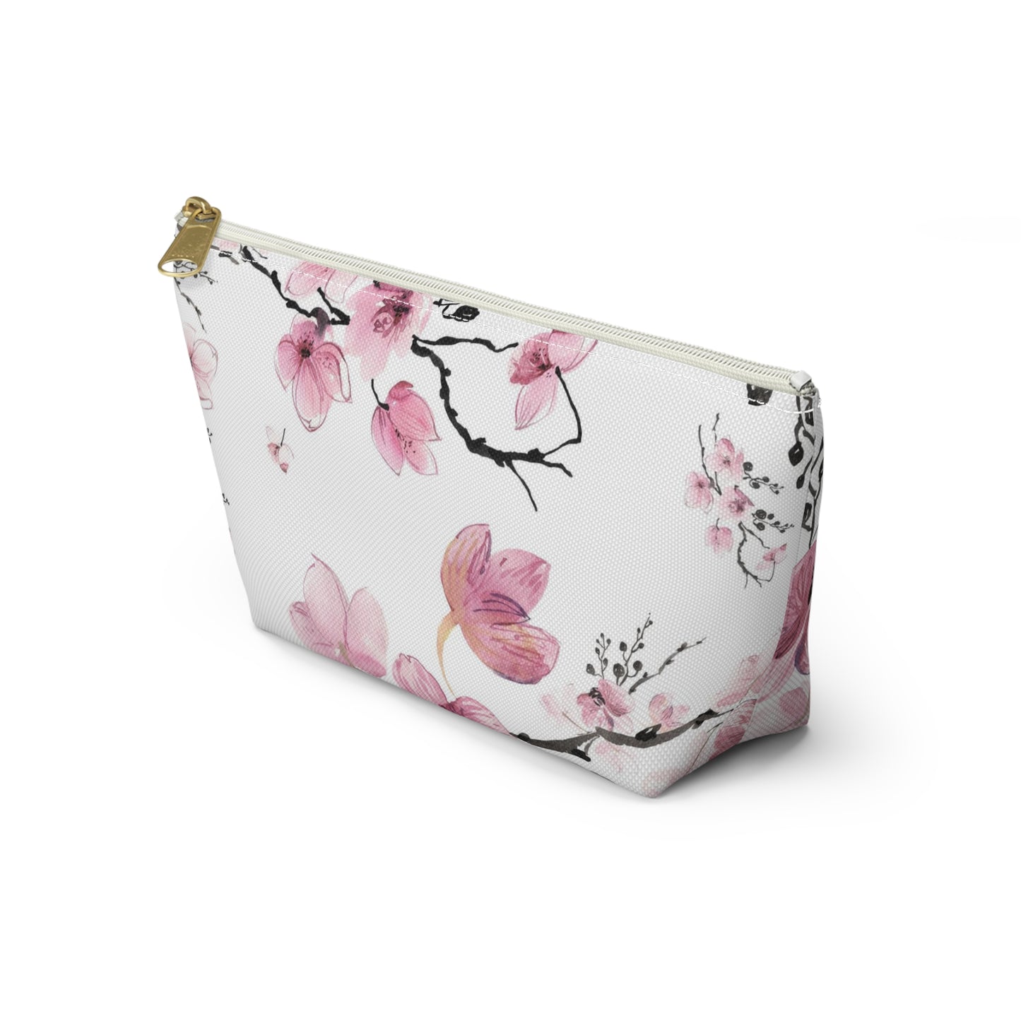 Sakura Cosmetic Pouch w T-bottom, Accessory Pouch - Pink Watercolor Cherry Blossom Makeup Bag