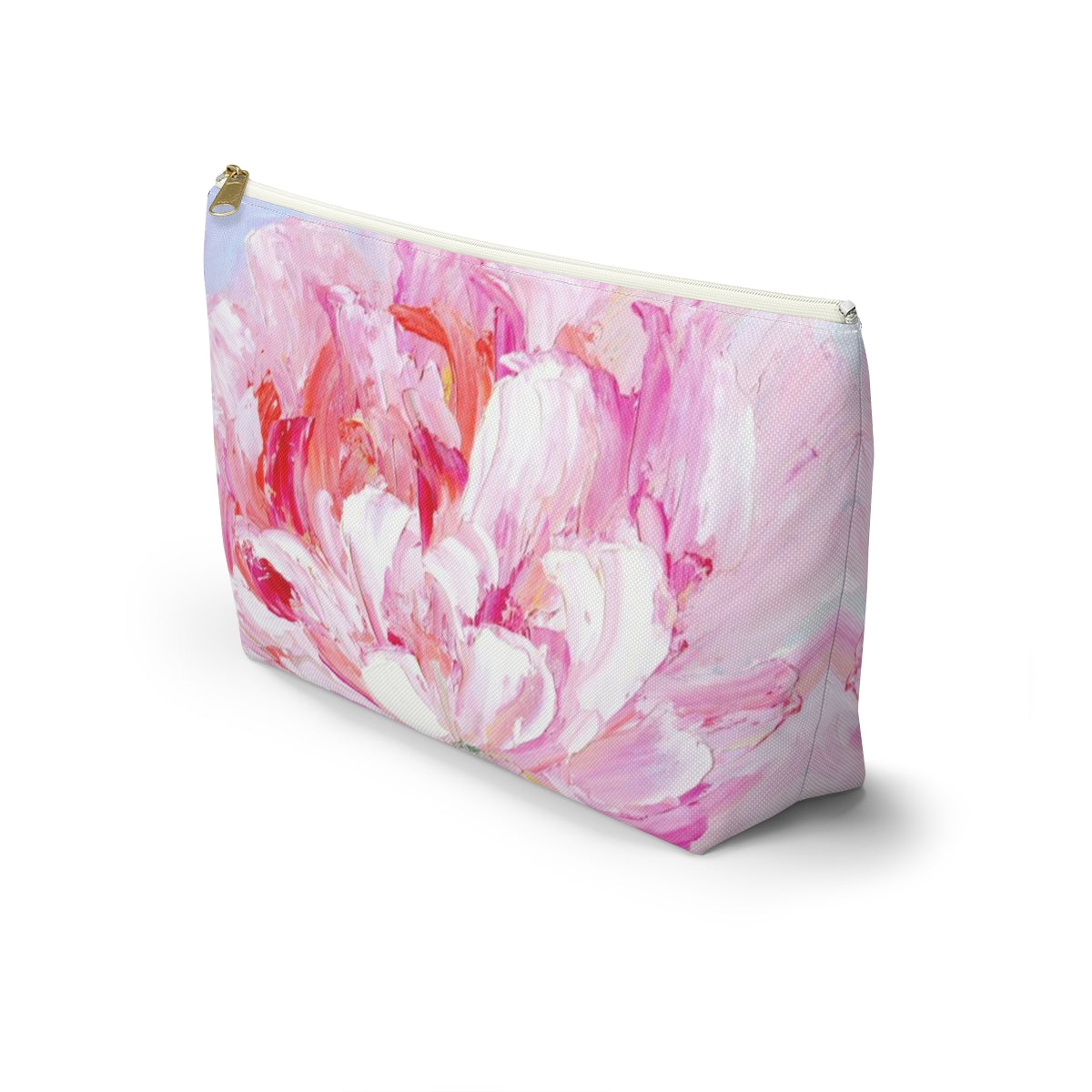 Peony Cosmetic Pouch w T-bottom, Accessory Pouch,  Pink Oil Painting