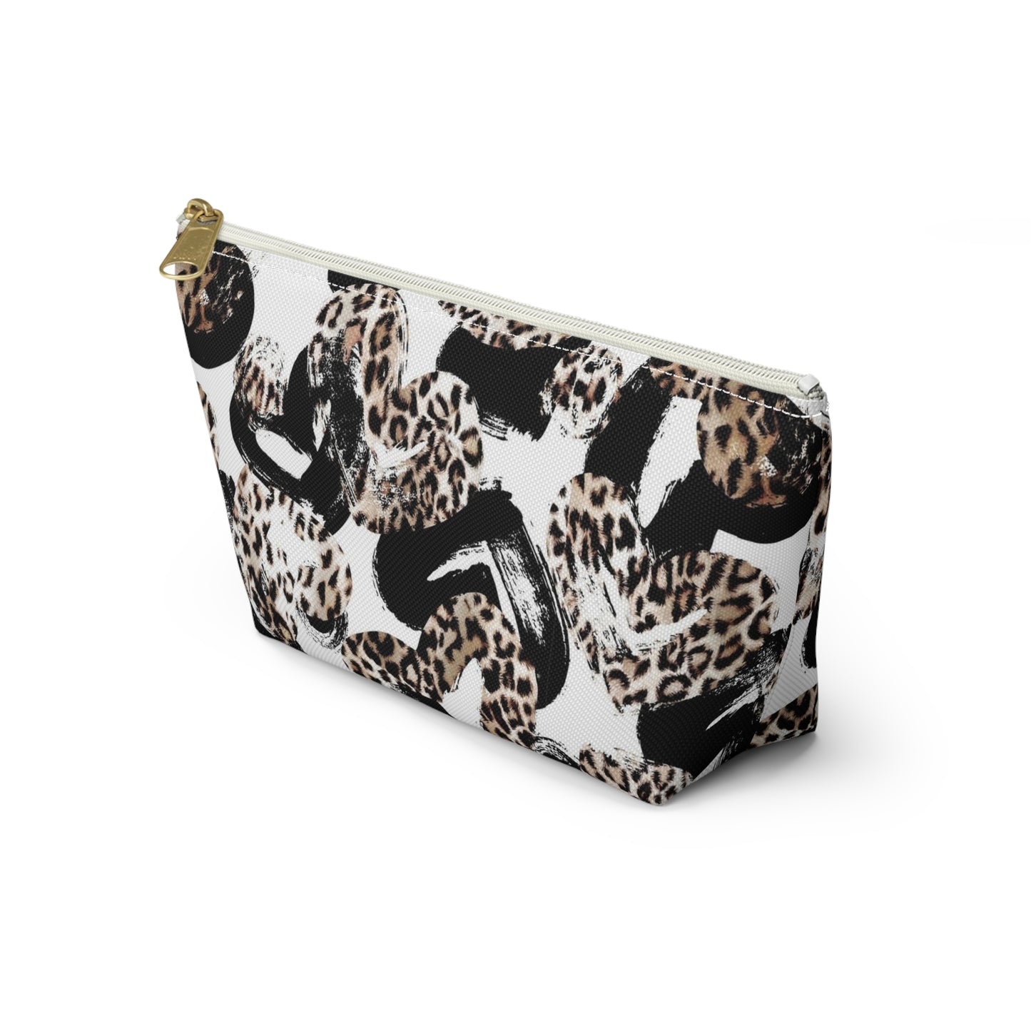 Personalized Leopard Hearts Cosmetic Pouch w T-bottom, Accessory Pouch