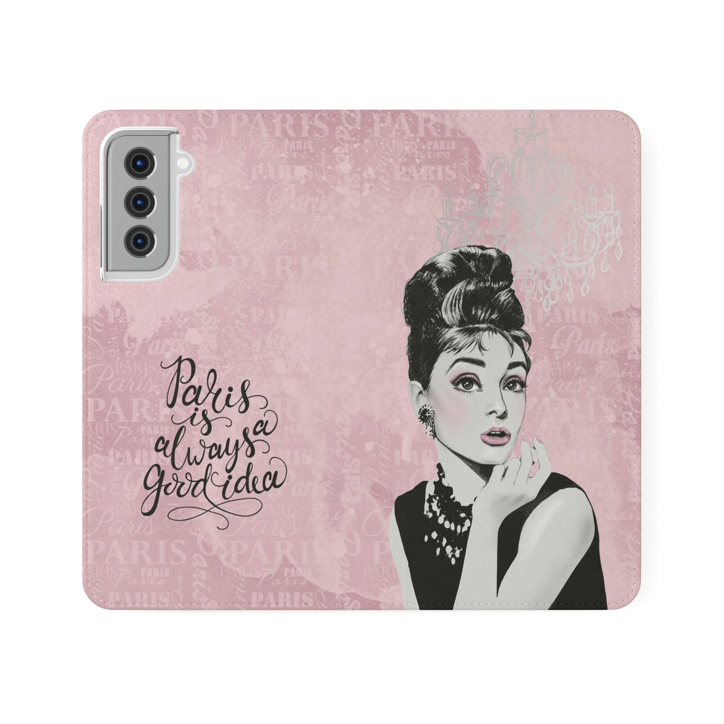 Audrey Hepburn Phone Case, Pink Paris Folio Phone Case, Paris is Always a Good Idea Smart Phone Folding Case