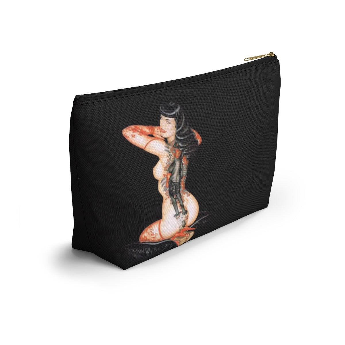 Pinup Girl Cosmetic Pouch w T-bottom, Accessory Pouch - Femme Forever Black Cat Tattoo Pinup Girl