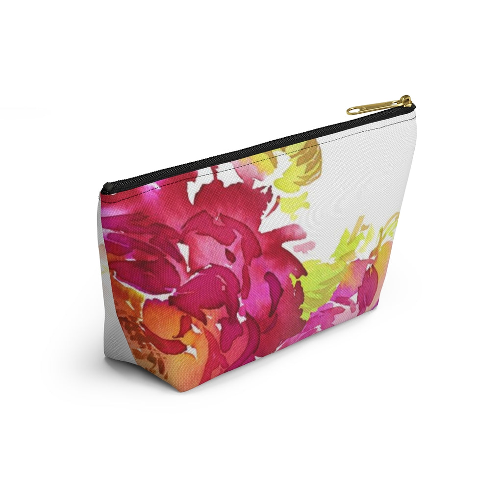 Bright Floral Cosmetic Pouch w T-bottom, Accessory Pouch, Pink