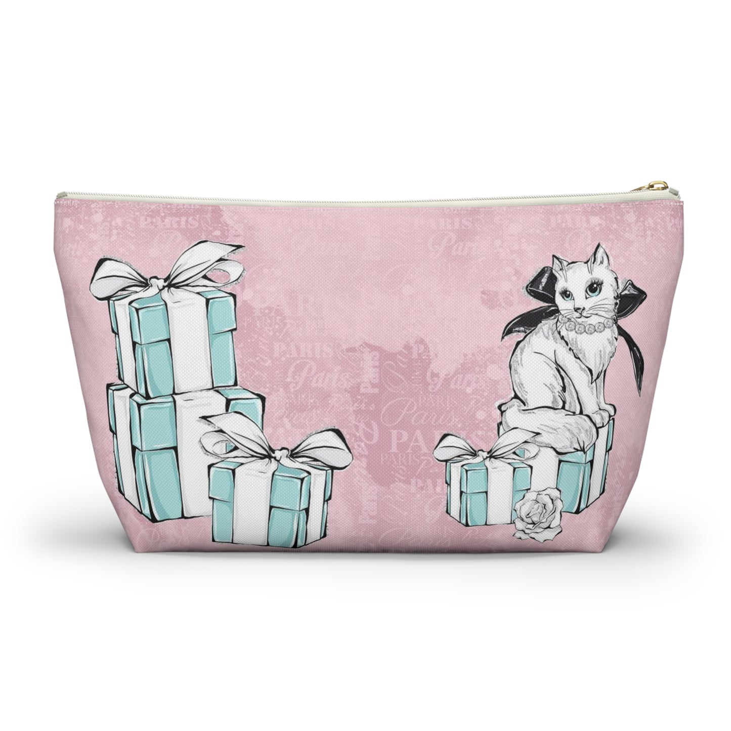 Personalized Kitty Cat Cosmetic Pouch w T-bottom, Accessory Pouch, Cat Lovers Little Blue Gift Box - Paris Pink