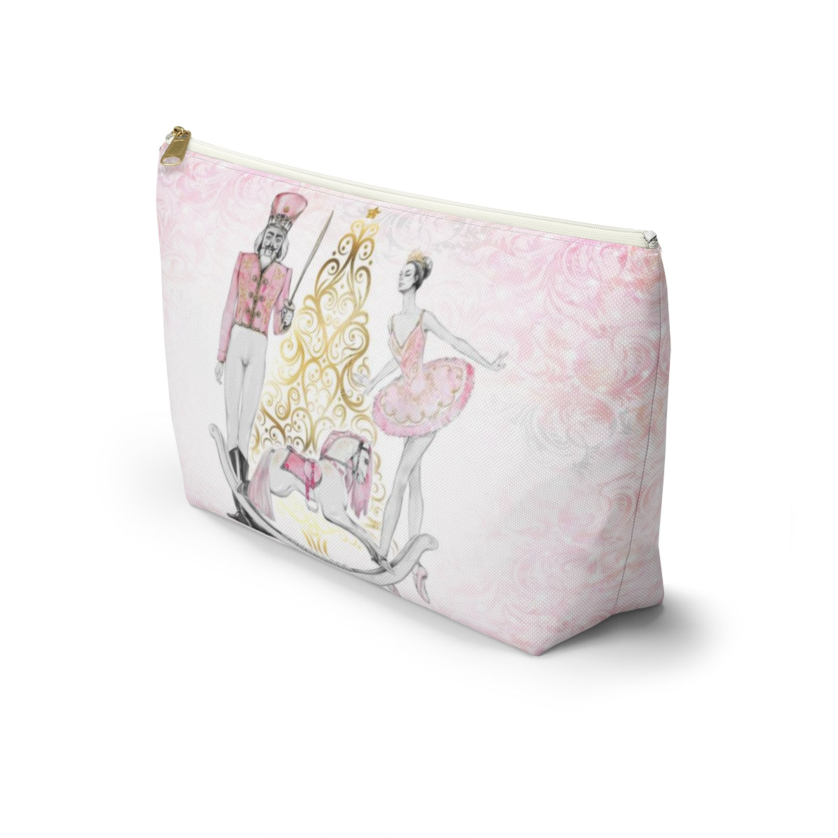 Personalized Nutcracker Ballet Cosmetic Pouch w T-bottom, Accessory Pouch, Pink and Gold