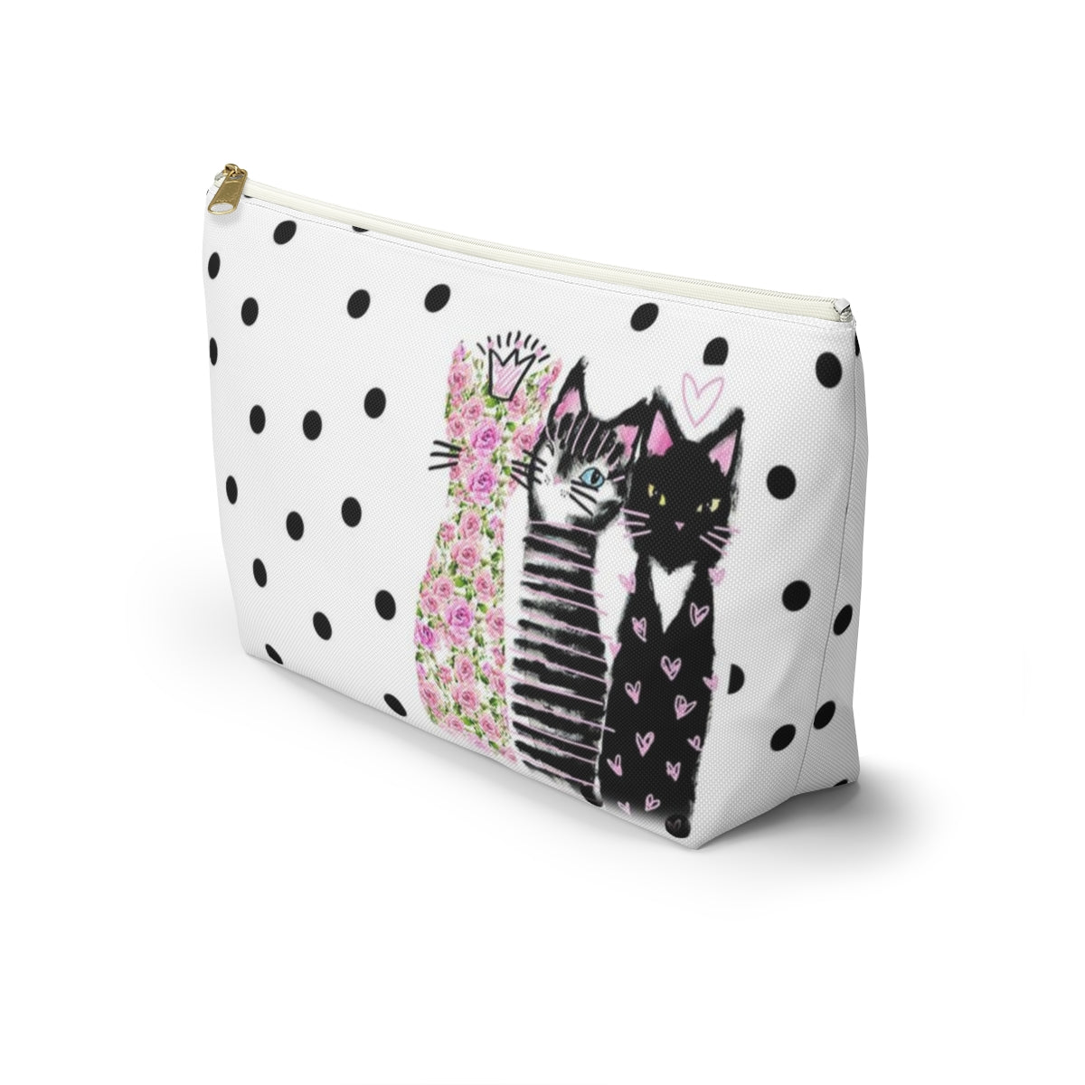 Personalized Kitty Cat Lover Cosmetic Pouch w T-bottom, Accessory Pouch, Cats Polka Dot