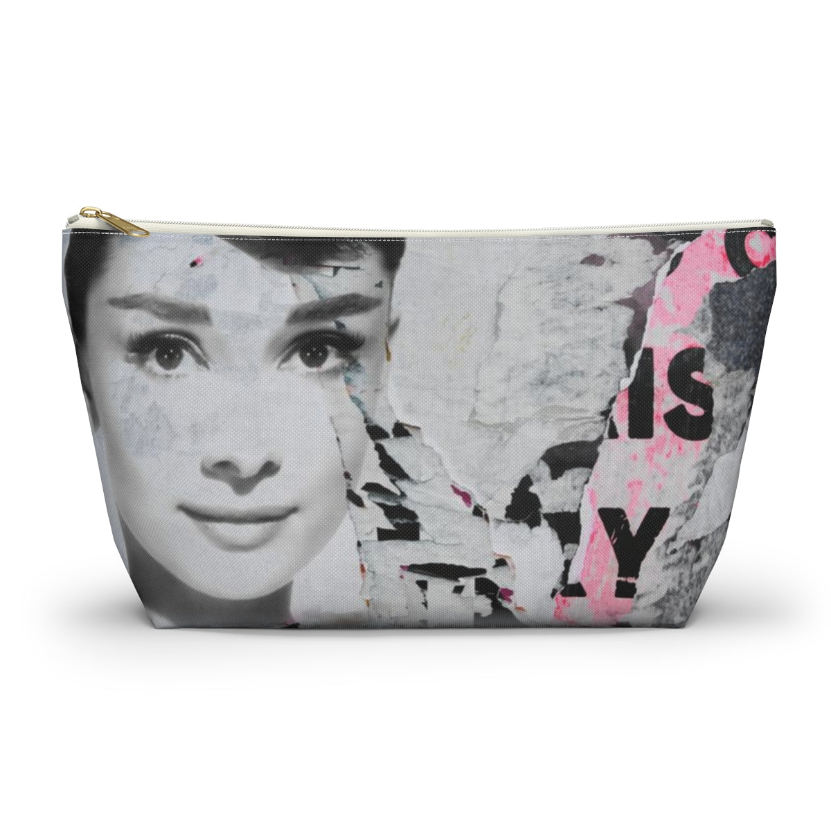 Audrey Hepburn Cosmetic Pouch w T-bottom, Accessory Pouch, Distressed Poster