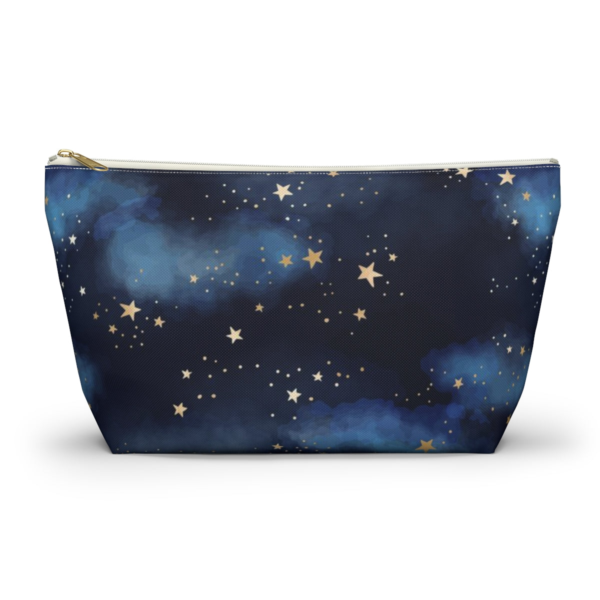 Personalized Starry Night Cosmetic Pouch w T-bottom, Accessory Pouch - Midnight Blue Clouds Gold Stars