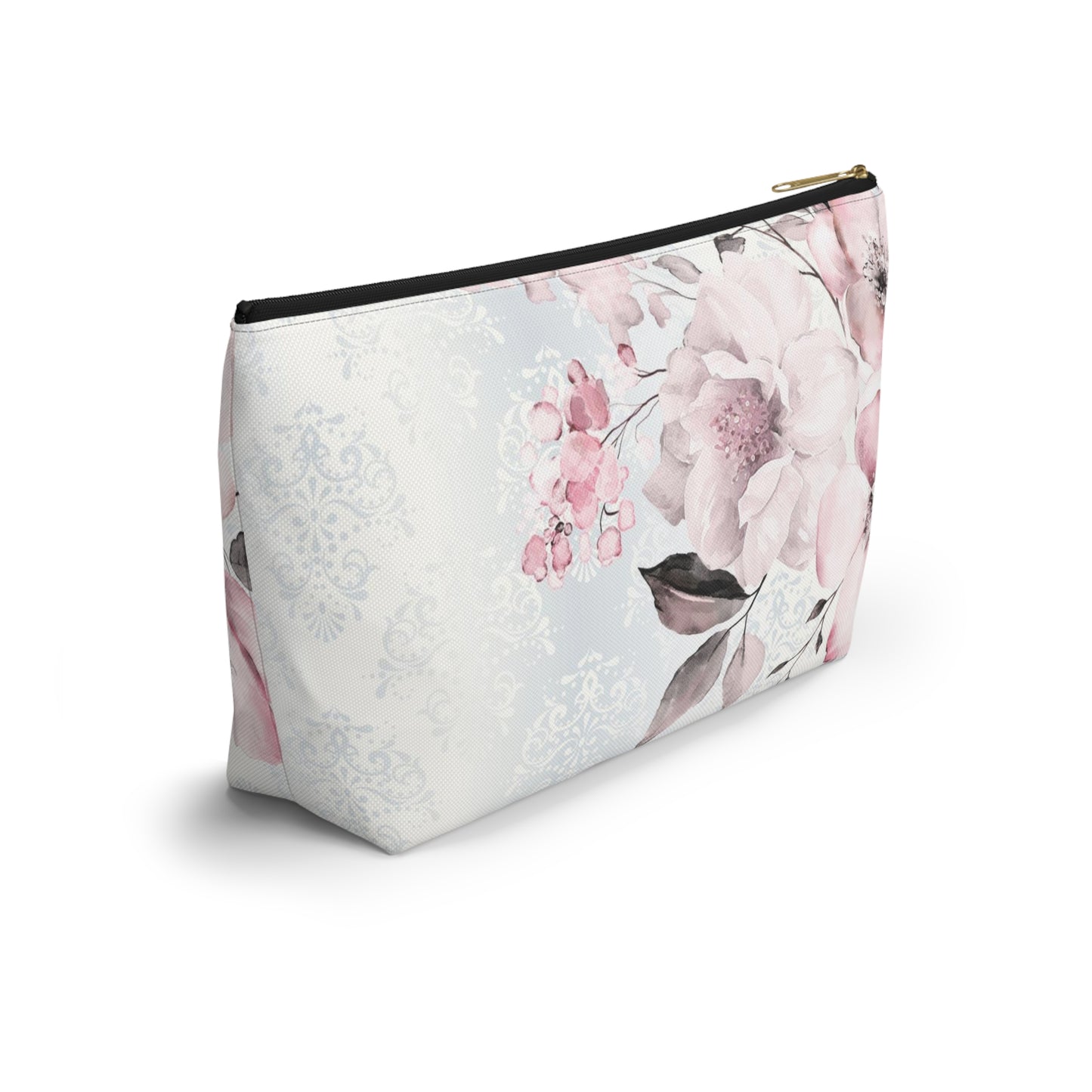 Personalized Pink Flower Damask - Cosmetic Pouch w T-bottom, Accessory Pouch