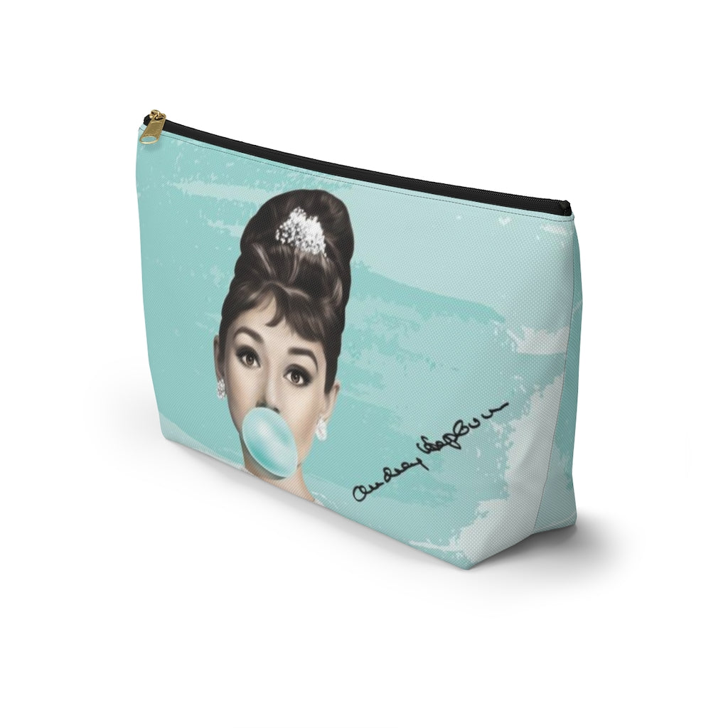 Audrey Hepburn Cosmetic Pouch w T-bottom, Accessory Pouch, Blue Green Signature