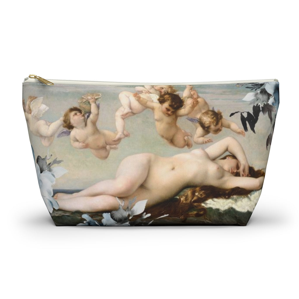 Venus Floral Cosmetic Pouch w T-bottom, Accessory Pouch, Blue