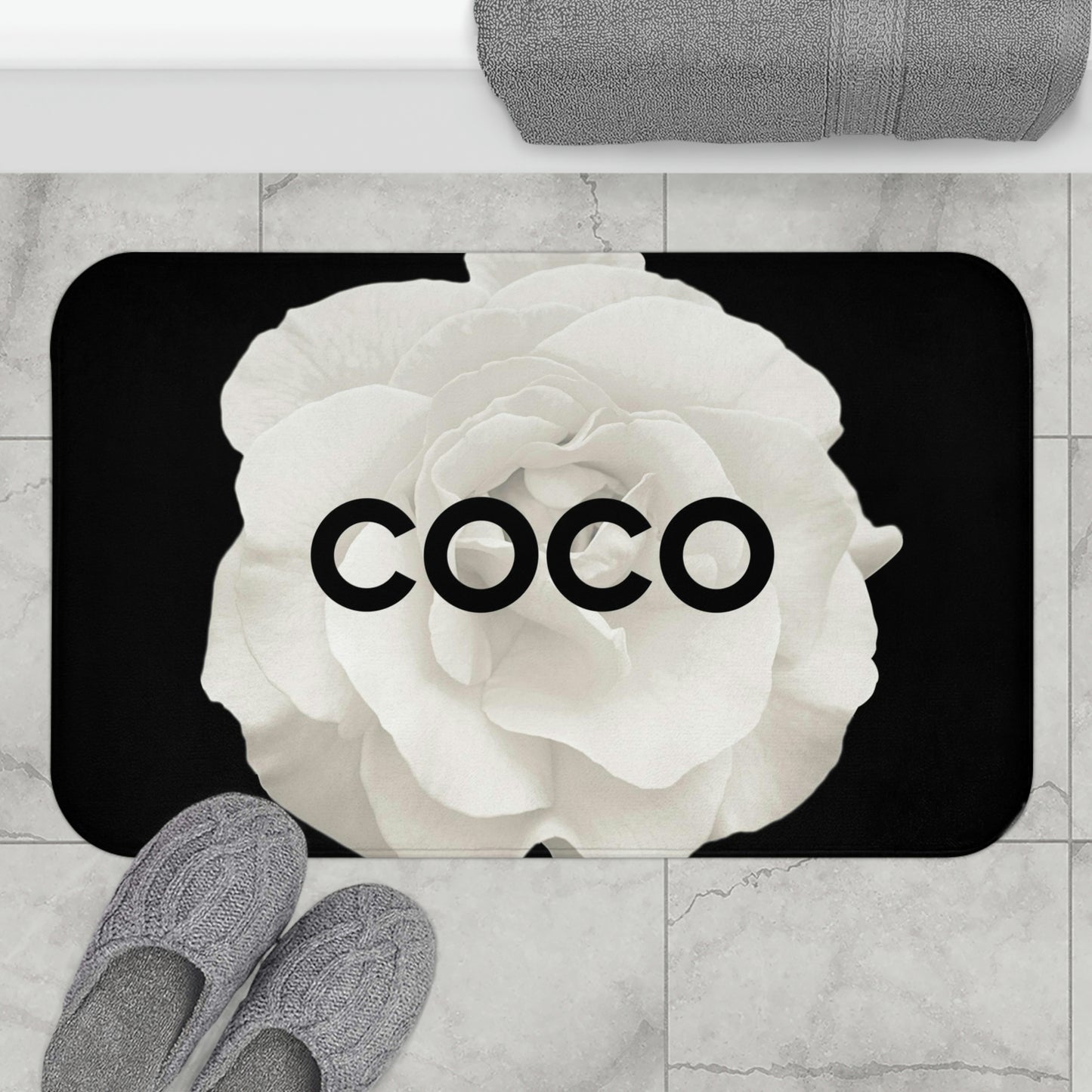 Personalized COCO Rose Bath Mat - Fashion Floor Mat - Designer COCO Cream Rose Bathroom Shower Mat