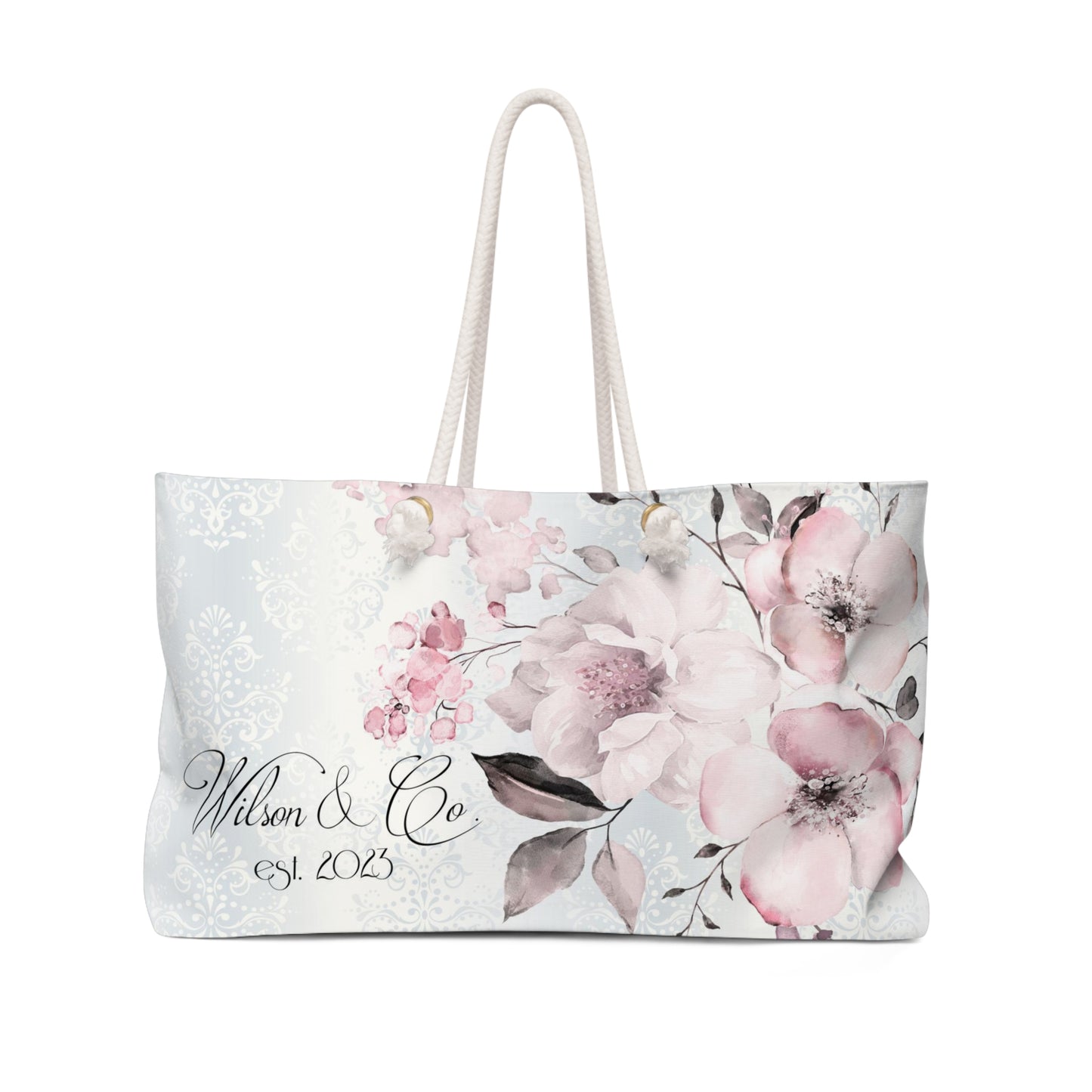 Personalized Wedding Tote Bag - Weekender Bag, Rope Tote, Pink Flower Damask