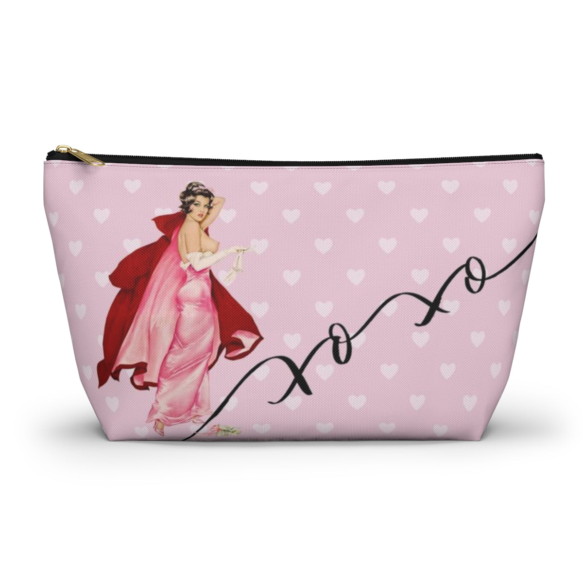 Personalized Pink Pinup Girl Cosmetic Pouch w T-bottom, Accessory Pouch - Red Riding Hood XOXO