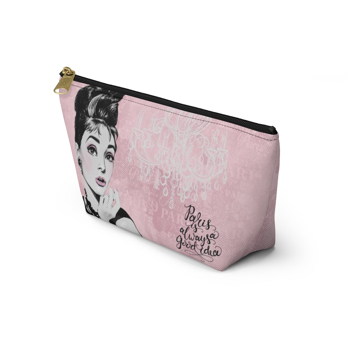 Audrey Hepburn Pouch w T-bottom, Accessory Pouch - Pink Paris is Always a Good Idea Chandelier Bag