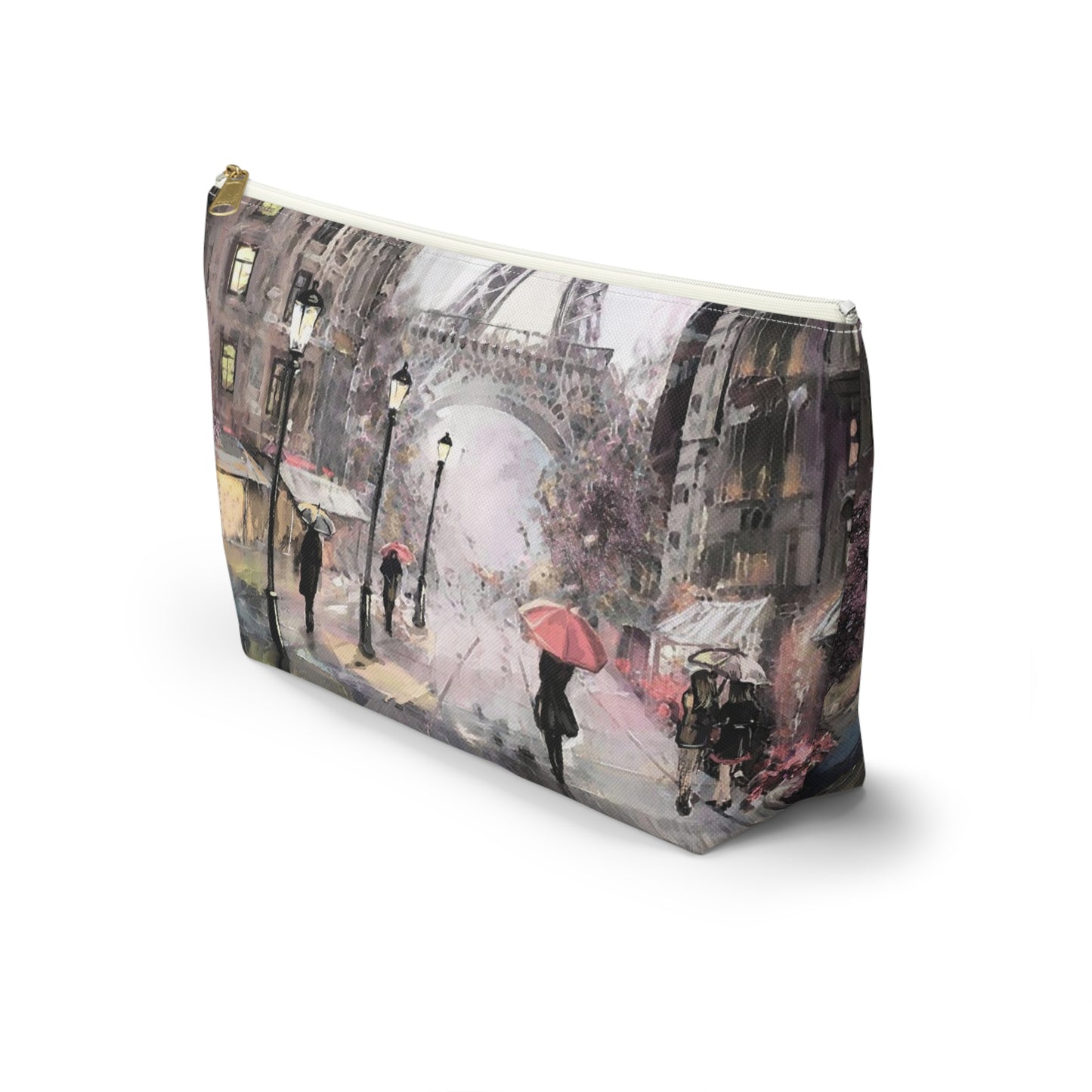 Eiffel Tower Cosmetic Pouch w T-bottom, Accessory Pouch - Pastel Rain in Paris