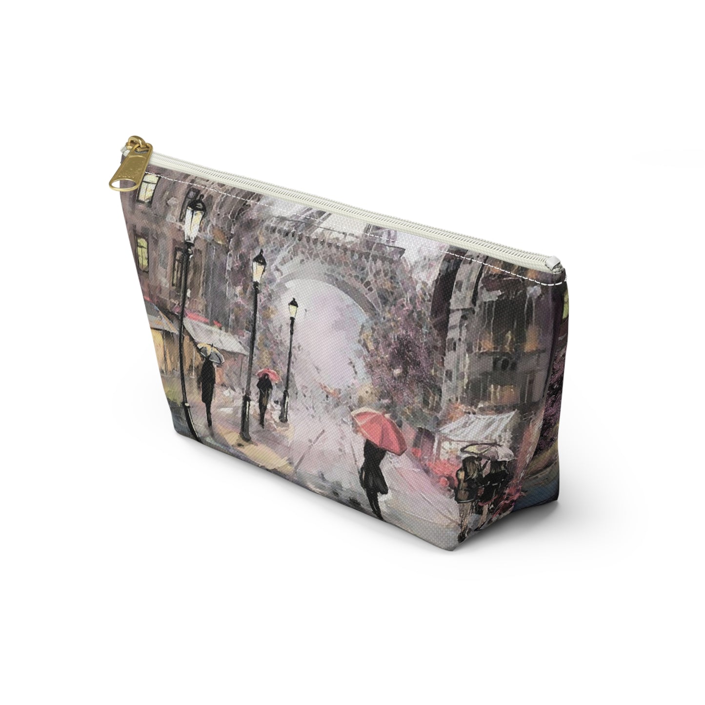 Eiffel Tower Cosmetic Pouch w T-bottom, Accessory Pouch - Pastel Rain in Paris