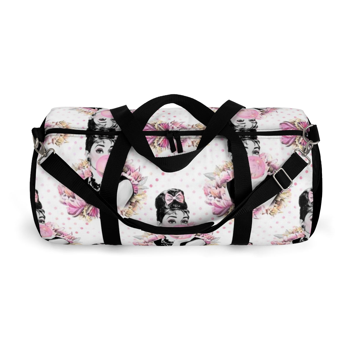 Personalized Audrey Hepburn Duffel Bag - Pink Bubblegum Polka Dot