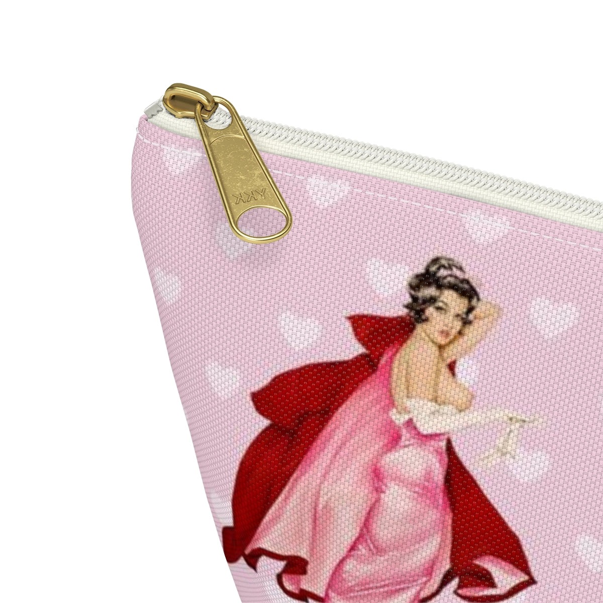 Personalized Pink Pinup Girl Cosmetic Pouch w T-bottom, Accessory Pouch - Red Riding Hood XOXO