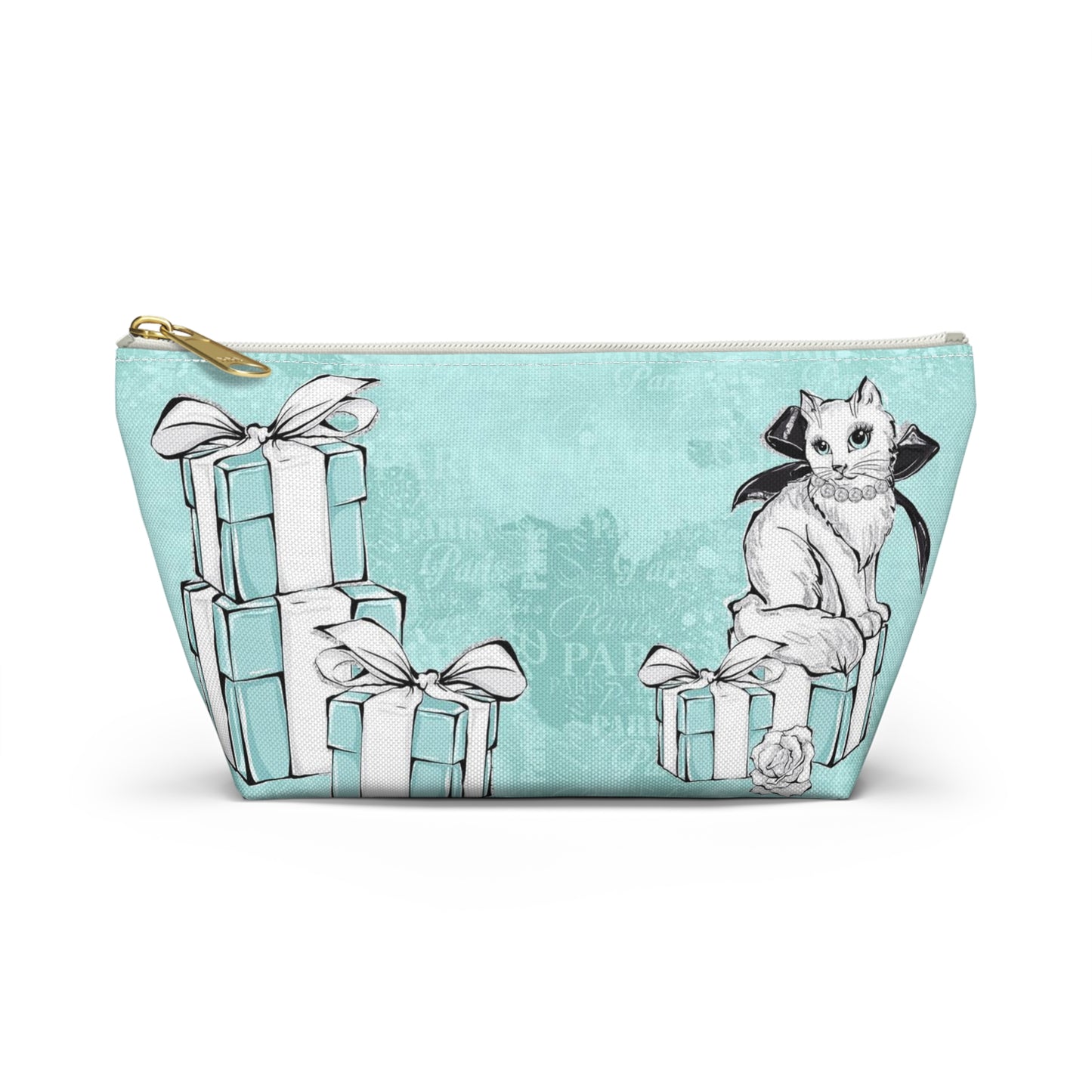 Personalized Kitty Cat Cosmetic Pouch w T-bottom, Accessory Pouch, Cat Lovers Little Blue Gift Box - Paris Blue