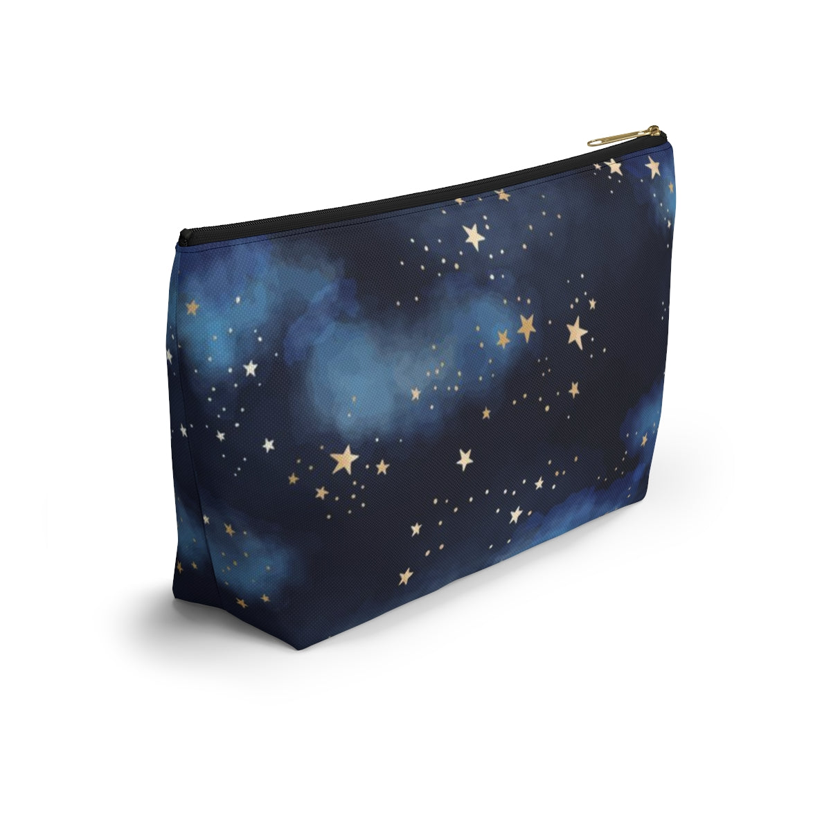 Personalized Starry Night Cosmetic Pouch w T-bottom, Accessory Pouch - Midnight Blue Clouds Gold Stars