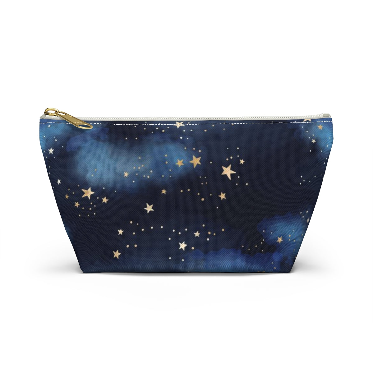 Personalized Starry Night Cosmetic Pouch w T-bottom, Accessory Pouch - Midnight Blue Clouds Gold Stars