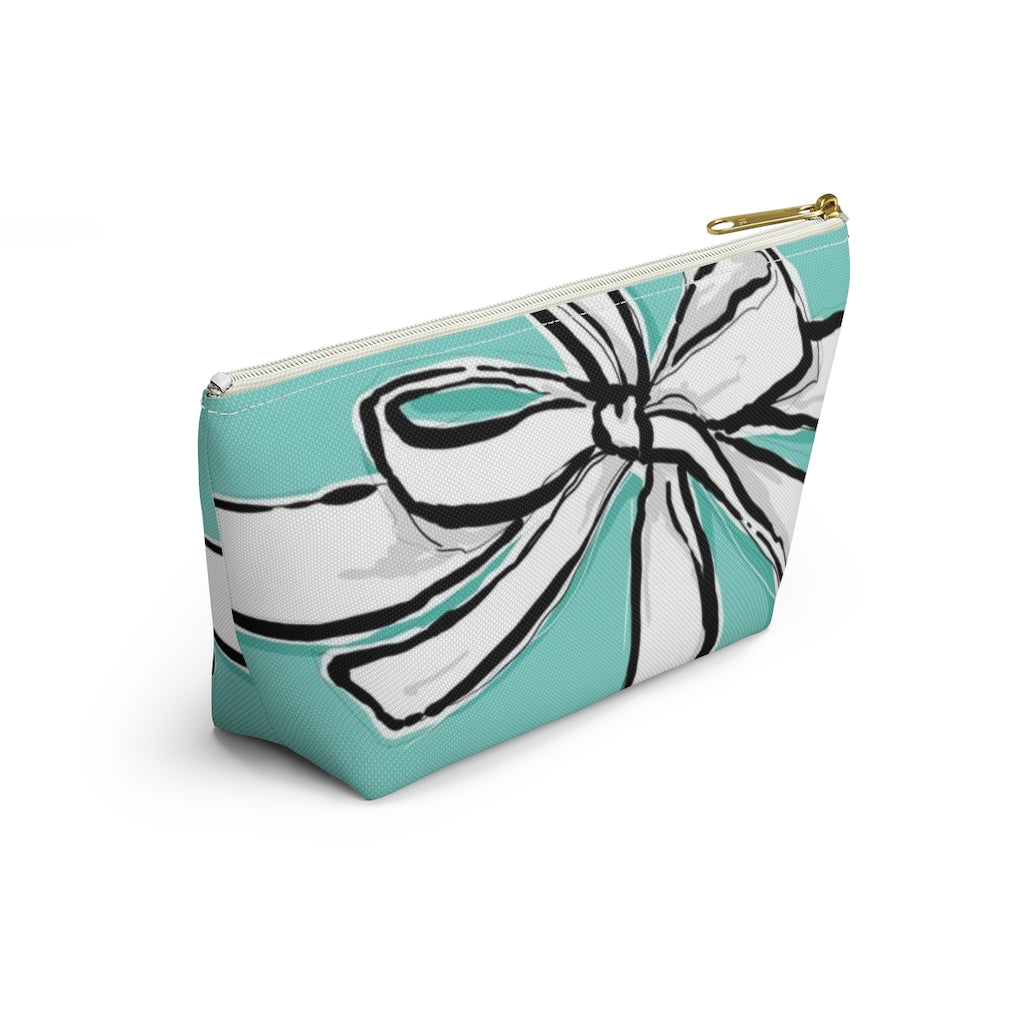 Blue Green Bow Cosmetic Pouch w T-bottom, Accessory Pouch, Breakfast at Tiffany